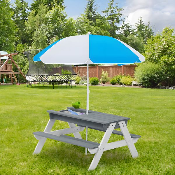 Kids Sand Water Table Chairs Set 3in1 Childs Outdoor Activity Desk Bench Childrens Picnic Craft Furniture Wooden Sensory Play Centre with Umbrella