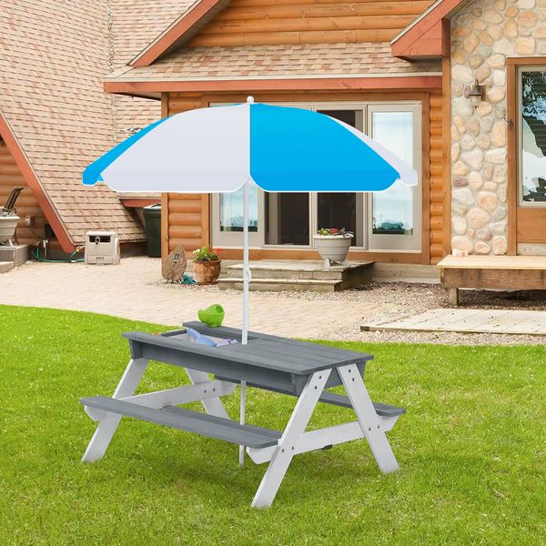 Kids Sand Water Table Chairs Set 3in1 Childs Outdoor Activity Desk Bench Childrens Picnic Craft Furniture Wooden Sensory Play Centre with Umbrella