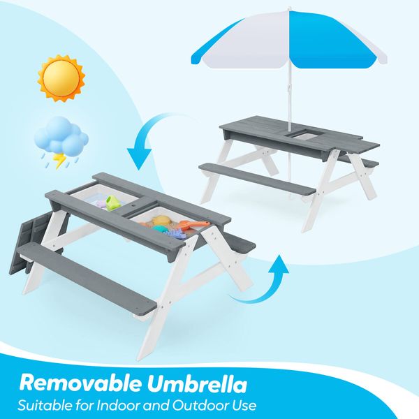 Kids Sand Water Table Chairs Set 3in1 Childs Outdoor Activity Desk Bench Childrens Picnic Craft Furniture Wooden Sensory Play Centre with Umbrella