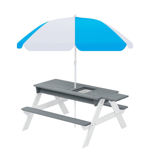 Kids Sand Water Table Chairs Set 3in1 Childs Outdoor Activity Desk Bench Childrens Picnic Craft Furniture Wooden Sensory Play Centre with Umbrella