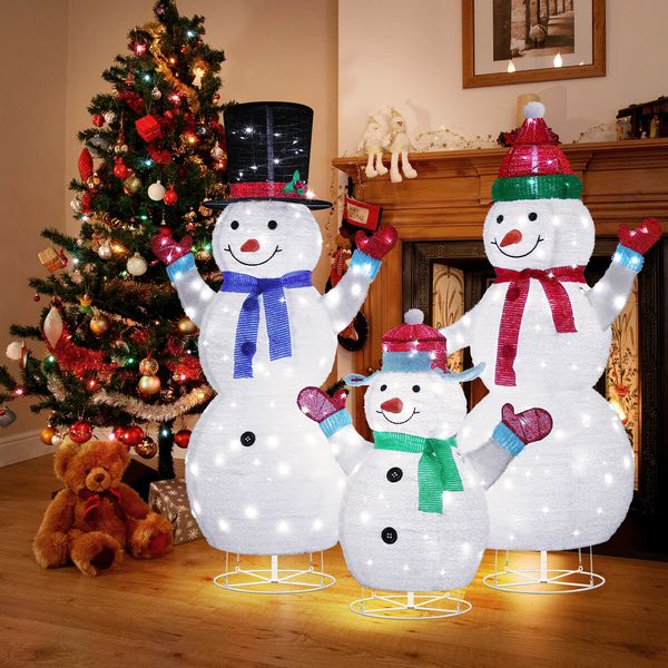 3pcs Christmas Snowman Family Figures 3D Decorations LED Lights Xmas Decor Home Outdoor Garden Yard Holiday Display Ornaments