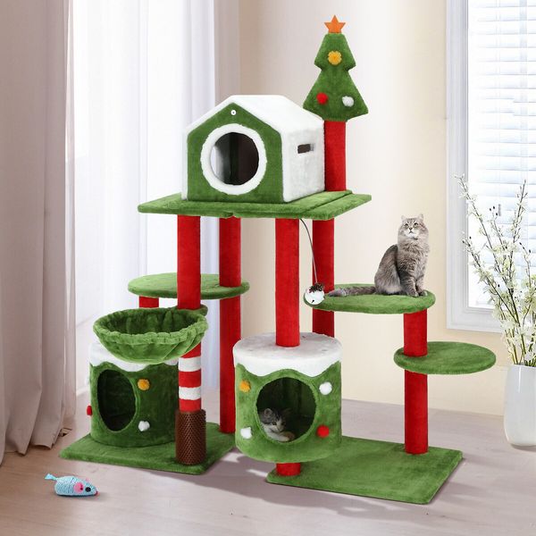 3IN1 Christmas Cat Tree Scratching Post Perch Scratcher Climbing Tower Gym Condo Toy DIY Playhouse Hammock Pet Furniture