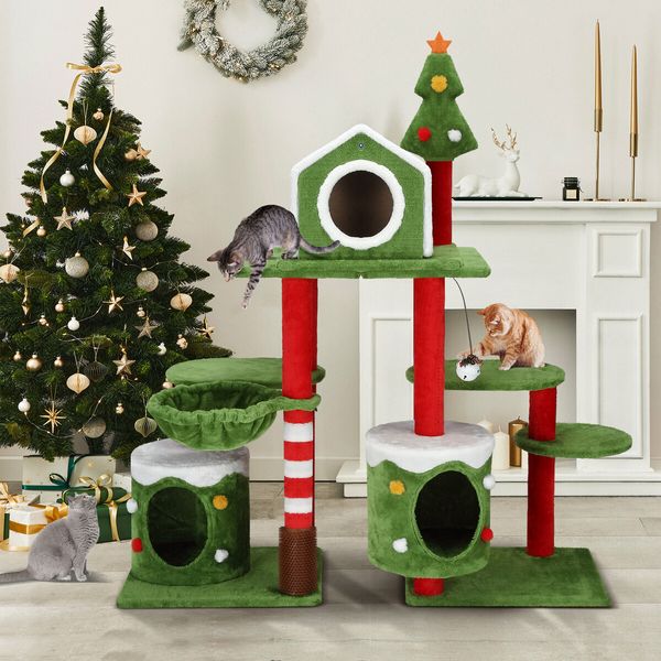 3IN1 Christmas Cat Tree Scratching Post Perch Scratcher Climbing Tower Gym Condo Toy DIY Playhouse Hammock Pet Furniture