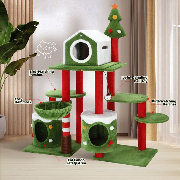 3IN1 Christmas Cat Tree Scratching Post Perch Scratcher Climbing Tower Gym Condo Toy DIY Playhouse Hammock Pet Furniture