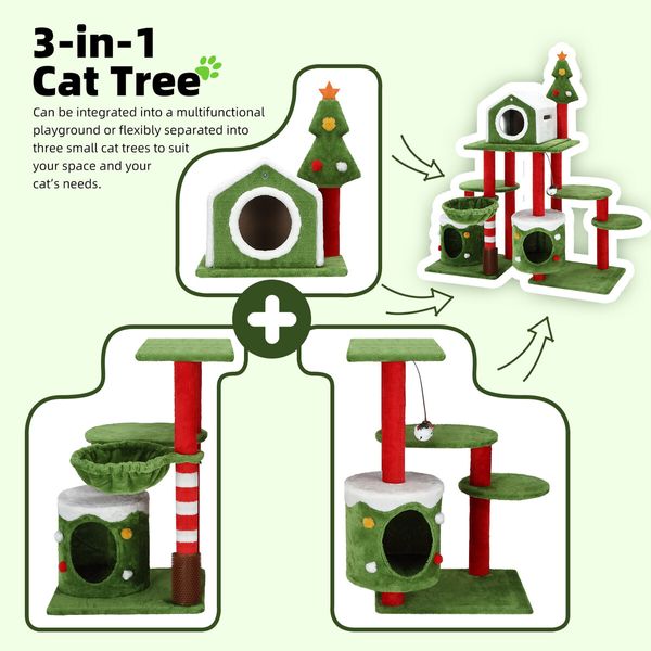 3IN1 Christmas Cat Tree Scratching Post Perch Scratcher Climbing Tower Gym Condo Toy DIY Playhouse Hammock Pet Furniture