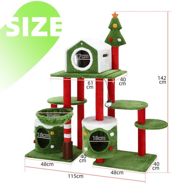 3IN1 Christmas Cat Tree Scratching Post Perch Scratcher Climbing Tower Gym Condo Toy DIY Playhouse Hammock Pet Furniture