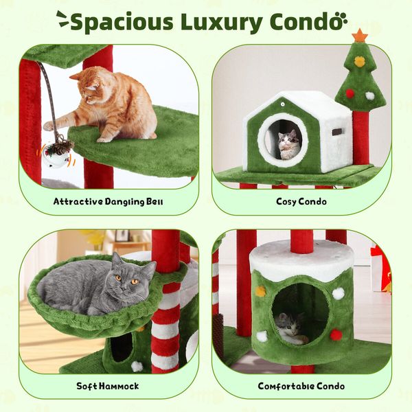 3IN1 Christmas Cat Tree Scratching Post Perch Scratcher Climbing Tower Gym Condo Toy DIY Playhouse Hammock Pet Furniture