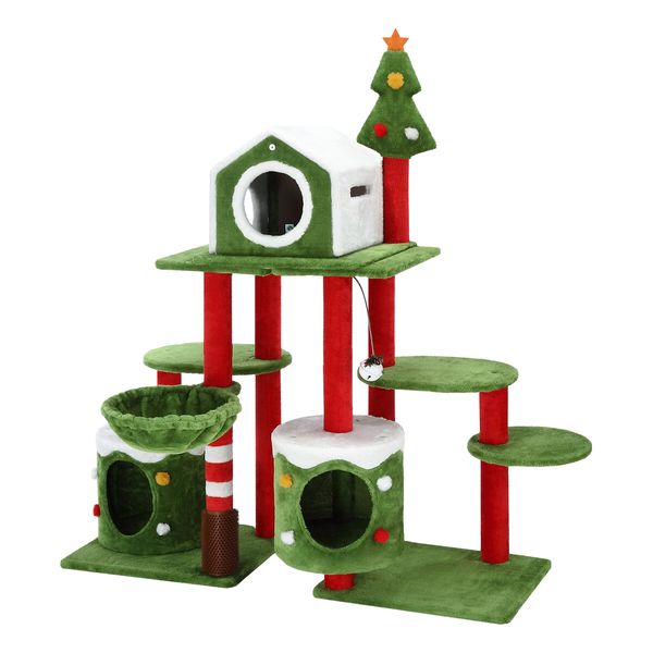 3IN1 Christmas Cat Tree Scratching Post Perch Scratcher Climbing Tower Gym Condo Toy DIY Playhouse Hammock Pet Furniture