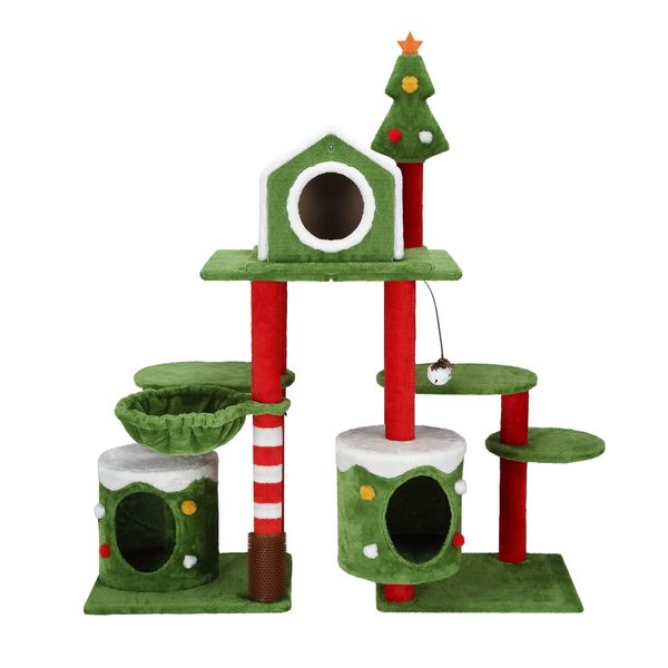 3IN1 Christmas Cat Tree Scratching Post Perch Scratcher Climbing Tower Gym Condo Toy DIY Playhouse Hammock Pet Furniture