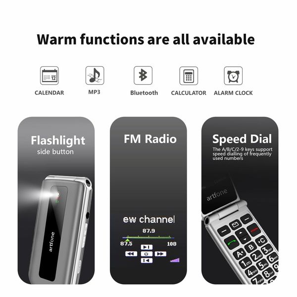 4G VoLTE One Click Unlock Big Button Large Fonts Senior Elderly Mobile Phone High Volume Speakers SOS Button USB C Powered 1200mAh Battery Sliver