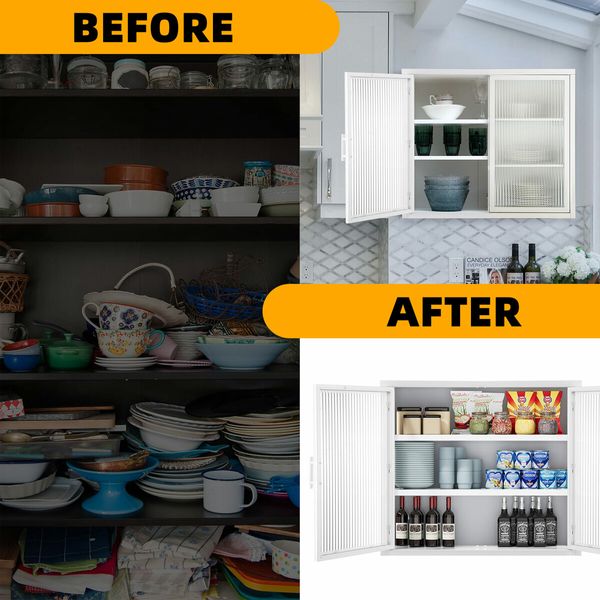 Glass Display Cabinet Wall Mounted Metal Bathroom Kitchen Pantry Cupboard Storage Case Bookshelf Shelving Unit Furniture 3 Tier Organiser