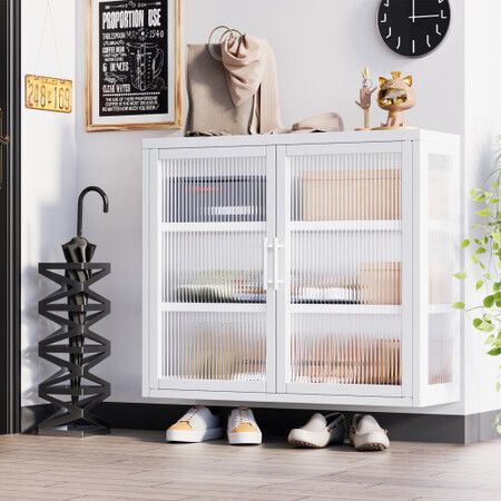 Glass Display Cabinet Wall Mounted Metal Bathroom Kitchen Pantry Cupboard Storage Case Bookshelf Shelving Unit Furniture 3 Tier Organiser