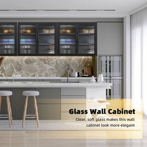 Glass Wall Cabinet Shelving Unit Metal Kitchen Cupboard Bathroom Medicine Storage Shelves Organiser 2 Door 3 Tier Display Book Case Shelf Furniture