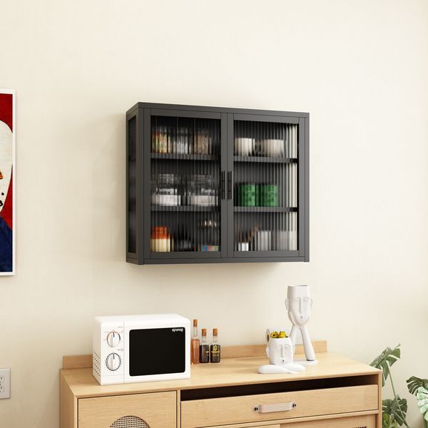 Glass Wall Cabinet Shelving Unit Metal Kitchen Cupboard Bathroom Medicine Storage Shelves Organiser 2 Door 3 Tier Display Book Case Shelf Furniture