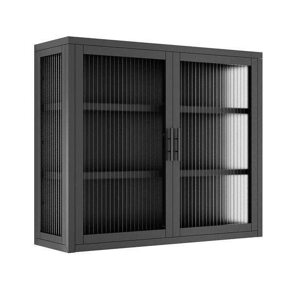 Glass Wall Cabinet Shelving Unit Metal Kitchen Cupboard Bathroom Medicine Storage Shelves Organiser 2 Door 3 Tier Display Book Case Shelf Furniture