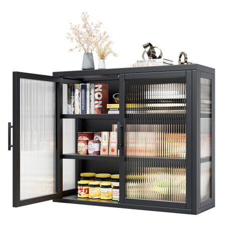 Glass Wall Cabinet Shelving Unit Metal Kitchen Cupboard Bathroom Medicine Storage Shelves Organiser 2 Door 3 Tier Display Book Case Shelf Furniture