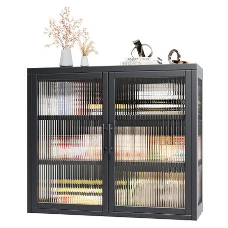 Glass Wall Cabinet Shelving Unit Metal Kitchen Cupboard Bathroom Medicine Storage Shelves Organiser 2 Door 3 Tier Display Book Case Shelf Furniture