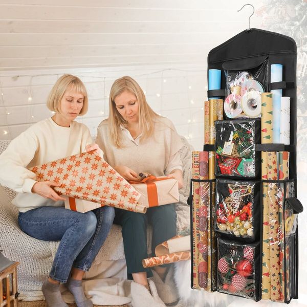 Wrapping Paper Storage,Gift Wrap Organizer Holder Double Sided Hanging Gift Bag Storage Organizer,Black