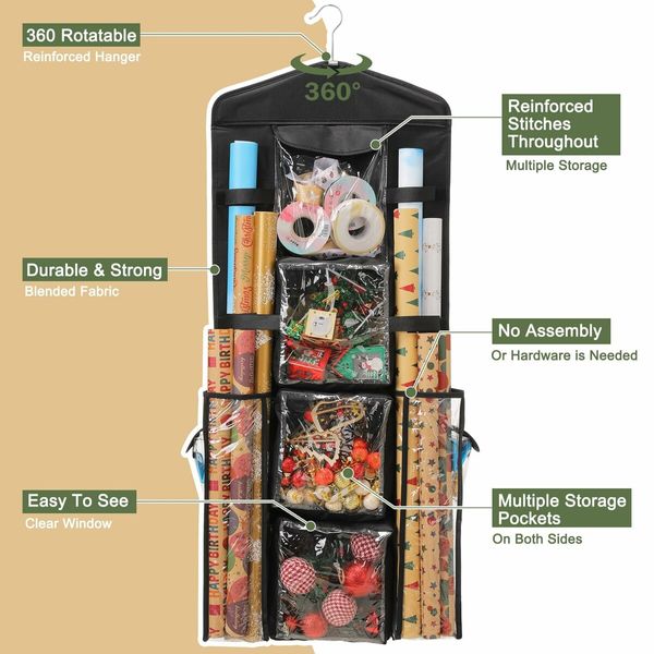 Wrapping Paper Storage,Gift Wrap Organizer Holder Double Sided Hanging Gift Bag Storage Organizer,Black