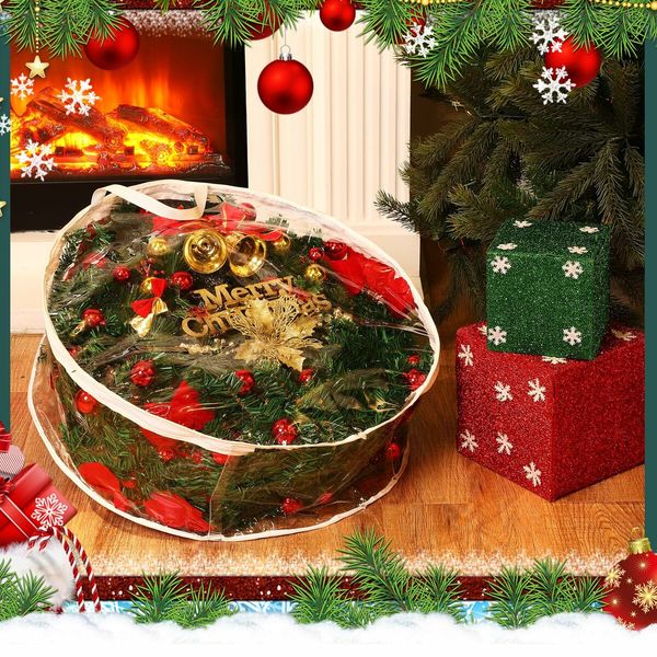 61CM Clear Christmas Wreath Storage Containers,Christmas Wreath Storage Bag,Plastic Christmas Wreath Container with Zippers Color White