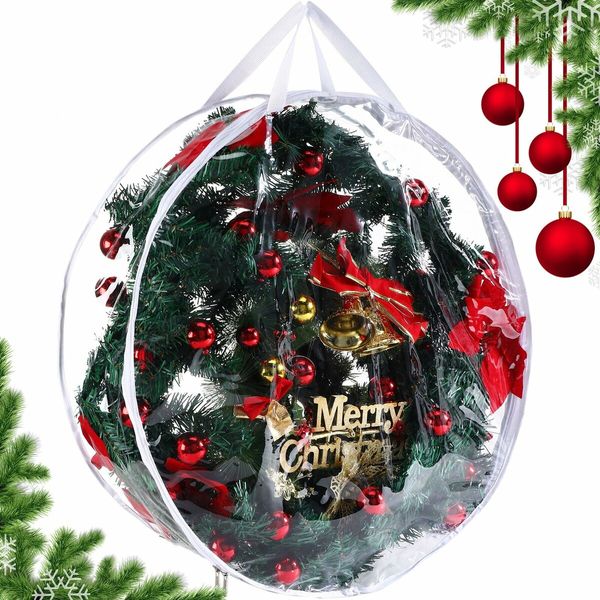 61CM Clear Christmas Wreath Storage Containers,Christmas Wreath Storage Bag,Plastic Christmas Wreath Container with Zippers Color White