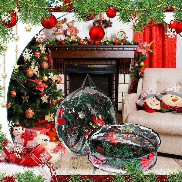 61CM Clear Christmas Wreath Storage Containers,Christmas Wreath Storage Bag,Plastic Christmas Wreath Container with Zippers Color White