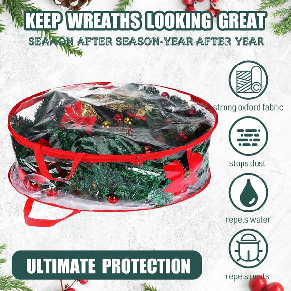 61CM Clear Christmas Wreath Storage Containers,Christmas Wreath Storage Bag,Plastic Christmas Wreath Container with Zippers Color Red