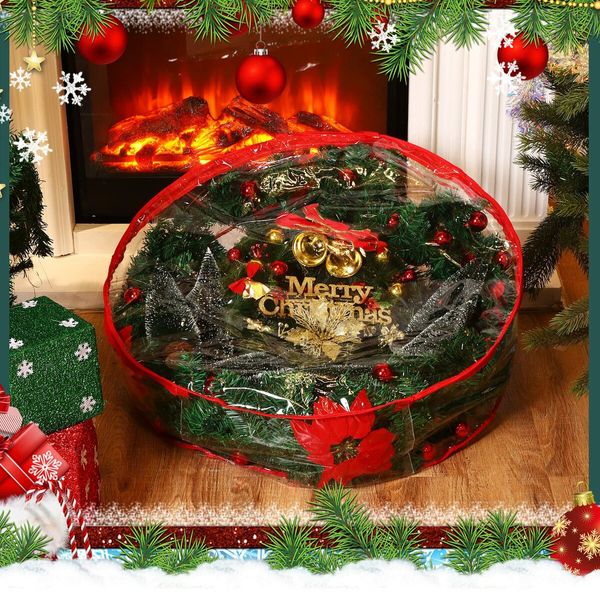 61CM Clear Christmas Wreath Storage Containers,Christmas Wreath Storage Bag,Plastic Christmas Wreath Container with Zippers Color Red