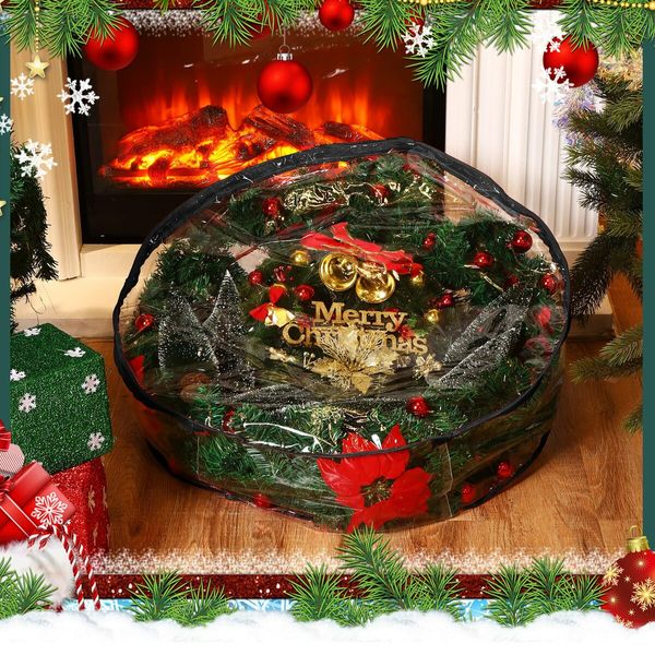 61CM Clear Christmas Wreath Storage Containers,Christmas Wreath Storage Bag,Plastic Christmas Wreath Container with Zippers Color Black