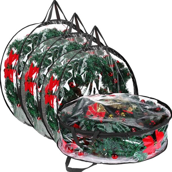 61CM Clear Christmas Wreath Storage Containers,Christmas Wreath Storage Bag,Plastic Christmas Wreath Container with Zippers Color Black