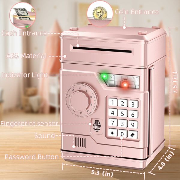 Piggy Bank,Automatic Electronic Piggy Bank for Kids Boys Girls with Password and Fingerprint Unlocking Simulation,Money Bank Kids Safe Toys Age3+ (Rose Gold)