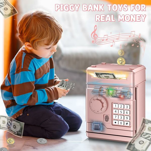 Piggy Bank,Automatic Electronic Piggy Bank for Kids Boys Girls with Password and Fingerprint Unlocking Simulation,Money Bank Kids Safe Toys Age3+ (Rose Gold)