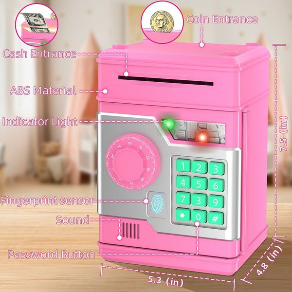 Piggy Bank,Automatic Electronic Piggy Bank for Kids Boys Girls with Password and Fingerprint Unlocking Simulation,Money Bank Kids Safe Toys Age3+ (Pink)