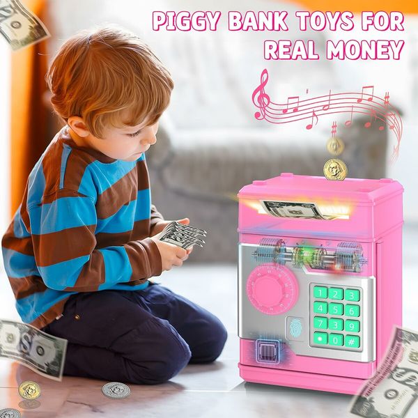 Piggy Bank,Automatic Electronic Piggy Bank for Kids Boys Girls with Password and Fingerprint Unlocking Simulation,Money Bank Kids Safe Toys Age3+ (Pink)