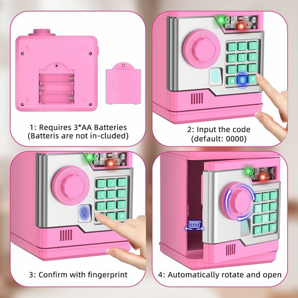 Piggy Bank,Automatic Electronic Piggy Bank for Kids Boys Girls with Password and Fingerprint Unlocking Simulation,Money Bank Kids Safe Toys Age3+ (Pink)