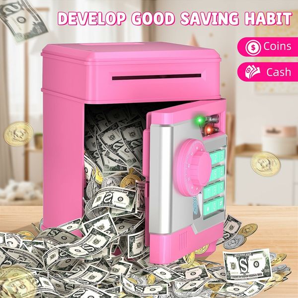 Piggy Bank,Automatic Electronic Piggy Bank for Kids Boys Girls with Password and Fingerprint Unlocking Simulation,Money Bank Kids Safe Toys Age3+ (Pink)