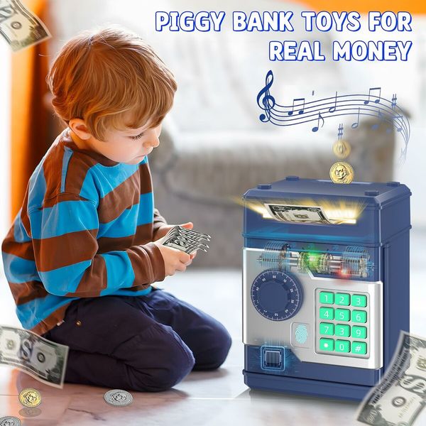 Piggy Bank,Automatic Electronic Piggy Bank for Kids Boys Girls with Password and Fingerprint Unlocking Simulation,Money Bank Kids Safe Toys Age3+ (Blue)