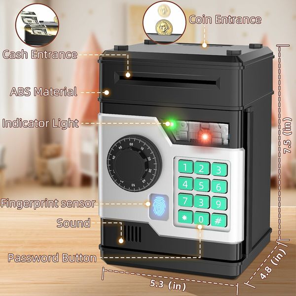 Piggy Bank,Automatic Electronic Piggy Bank for Kids Boys Girls with Password and Fingerprint Unlocking Simulation,Money Bank Kids Safe Toys Age3+ (Black)