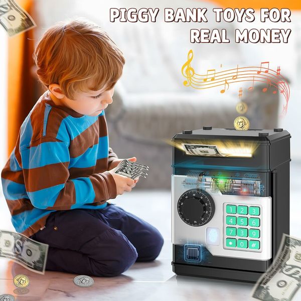 Piggy Bank,Automatic Electronic Piggy Bank for Kids Boys Girls with Password and Fingerprint Unlocking Simulation,Money Bank Kids Safe Toys Age3+ (Black)