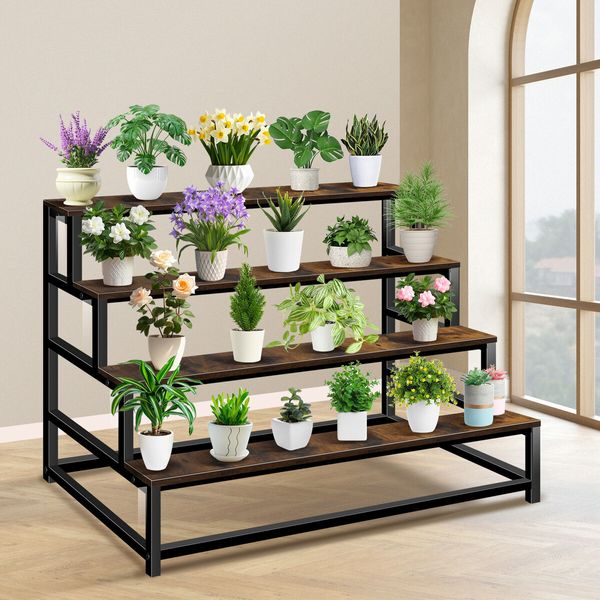 4 Tiered Plant Stand Shelf Flower Pot Metal Holder Indoor Outdoor Corner Planter Herb Shelves Garden Large Storage Rack Black Brown