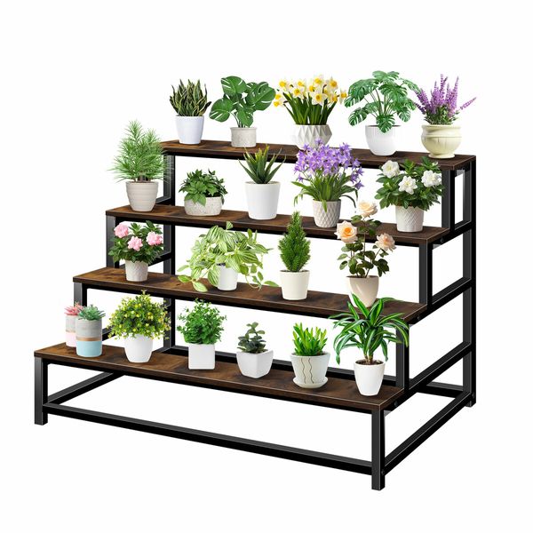 4 Tiered Plant Stand Shelf Flower Pot Metal Holder Indoor Outdoor Corner Planter Herb Shelves Garden Large Storage Rack Black Brown