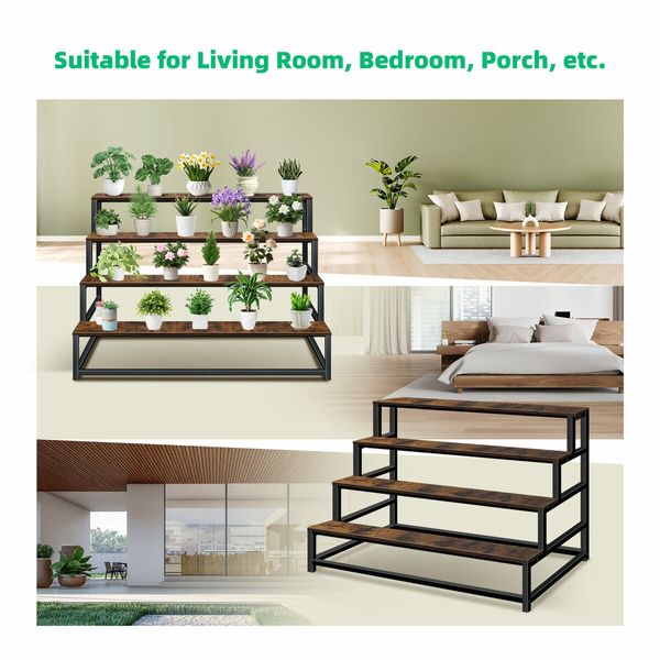 4 Tiered Plant Stand Metal Flower Pot Shelf Indoor Outdoor Corner Holder Garden Herb Shelves Large Storage Rack Black Brown