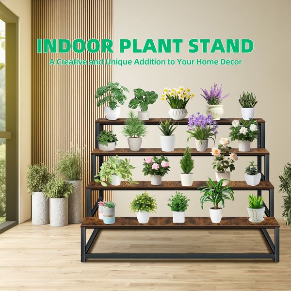 4 Tiered Plant Stand Metal Flower Pot Shelf Indoor Outdoor Corner Holder Garden Herb Shelves Large Storage Rack Black Brown