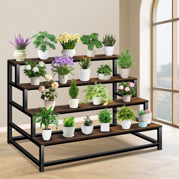 4 Tiered Plant Stand Metal Flower Pot Shelf Indoor Outdoor Corner Holder Garden Herb Shelves Large Storage Rack Black Brown