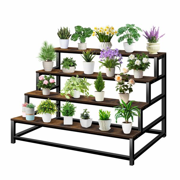 4 Tiered Plant Stand Metal Flower Pot Shelf Indoor Outdoor Corner Holder Garden Herb Shelves Large Storage Rack Black Brown