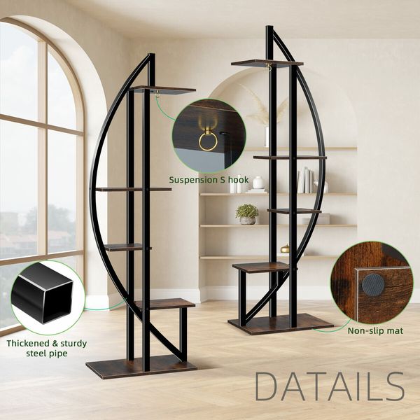 2Pcs 5 Tiered Plant Stand Shelf Metal Crescent Flower Pot Holder Indoor Outdoor Corner Shelves Garden Herb Large Storage Rack Black Brown