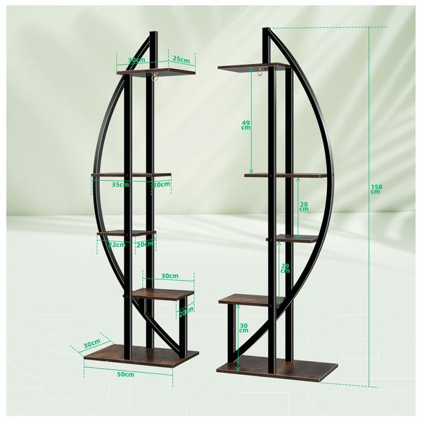 2Pcs 5 Tiered Plant Stand Shelf Metal Crescent Flower Pot Holder Indoor Outdoor Corner Shelves Garden Herb Large Storage Rack Black Brown