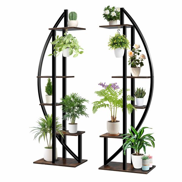 2Pcs 5 Tiered Plant Stand Shelf Metal Crescent Flower Pot Holder Indoor Outdoor Corner Shelves Garden Herb Large Storage Rack Black Brown