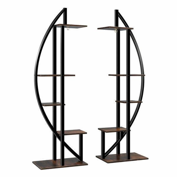 2Pcs 5 Tiered Plant Stand Shelf Metal Crescent Flower Pot Holder Indoor Outdoor Corner Shelves Garden Herb Large Storage Rack Black Brown