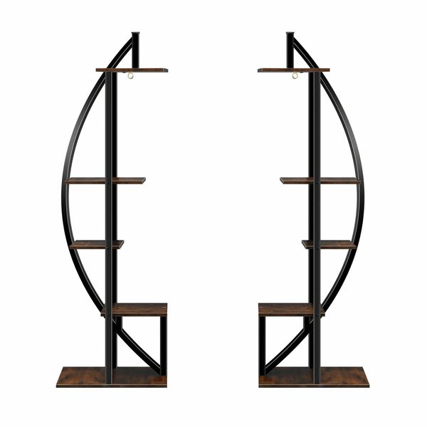 2Pcs 5 Tiered Plant Stand Shelf Metal Crescent Flower Pot Holder Indoor Outdoor Corner Shelves Garden Herb Large Storage Rack Black Brown